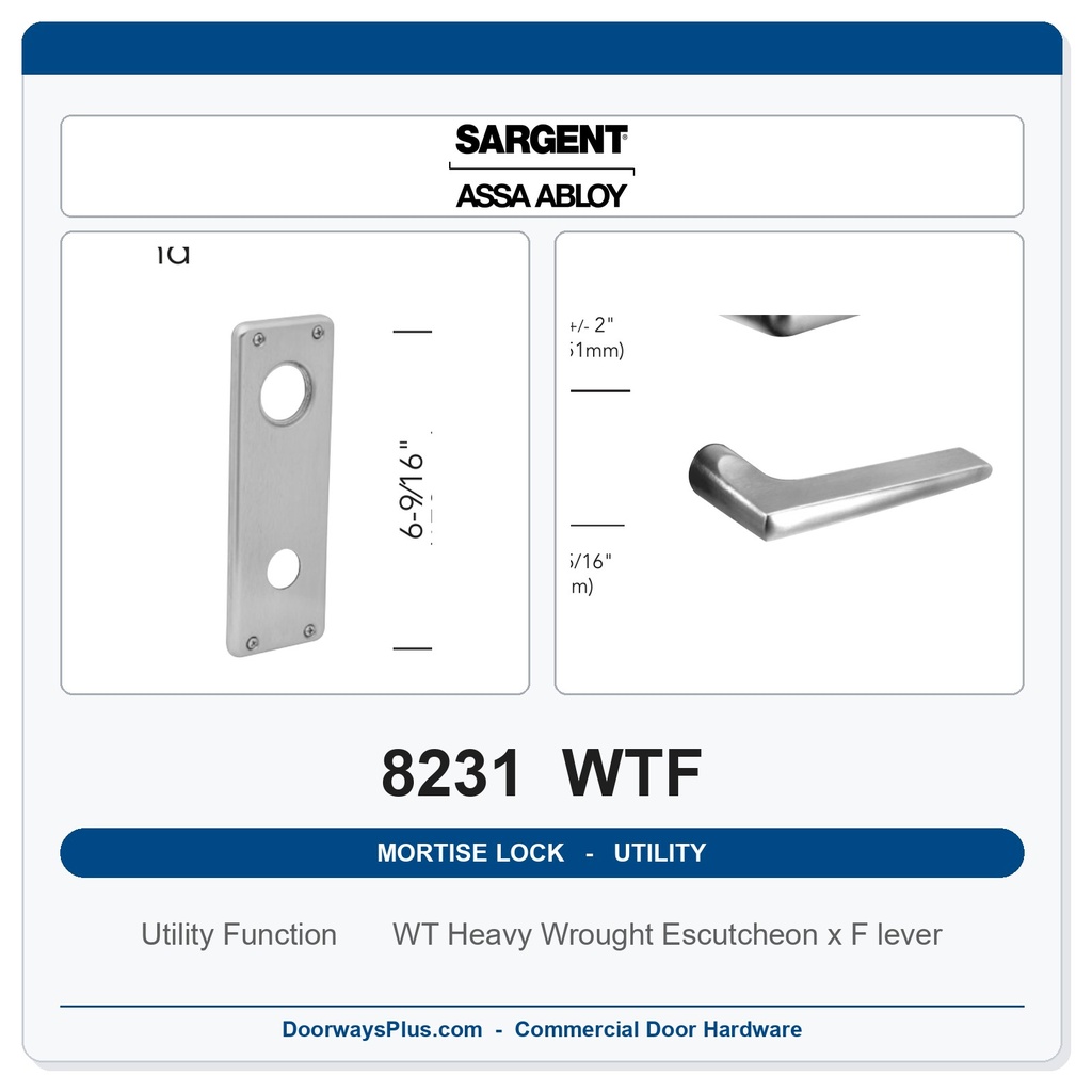Sargent 8231 WTF Trim Utility Mortise Lockset | LA Keyway, Grade 1 Commercial