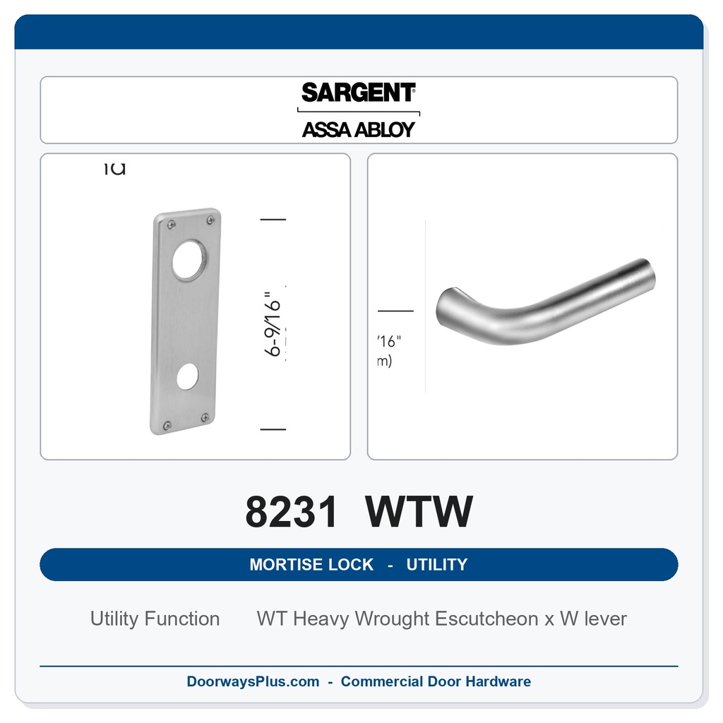 Sargent 8231 WTW Trim Utility Mortise Lockset | LA Keyway, Grade 1 Commercial