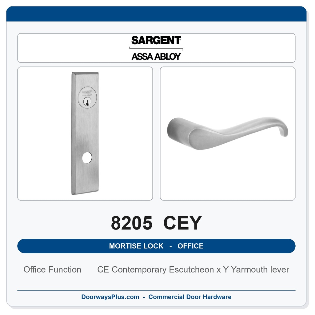Sargent 8205 CEY Trim Office or Entry Mortise Lockset | LA Keyway, Grade 1 Commercial