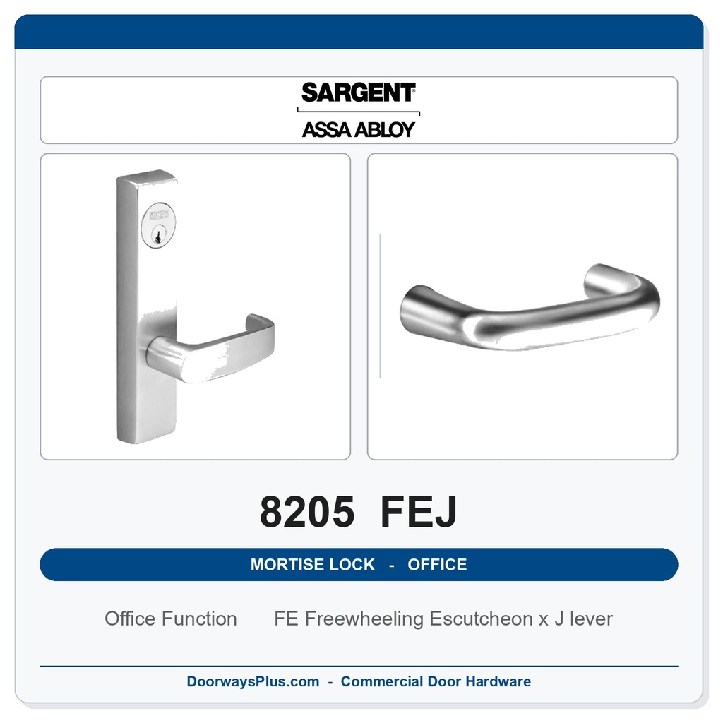 Sargent 8205 FEJ Trim Office or Entry Mortise Lockset | LA Keyway, Grade 1 Commercial