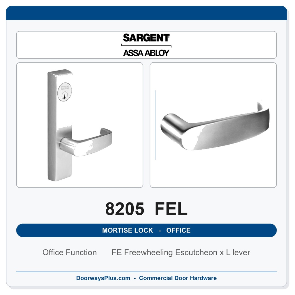 Sargent 8205 FEL Trim Office or Entry Mortise Lockset | LA Keyway, Grade 1 Commercial
