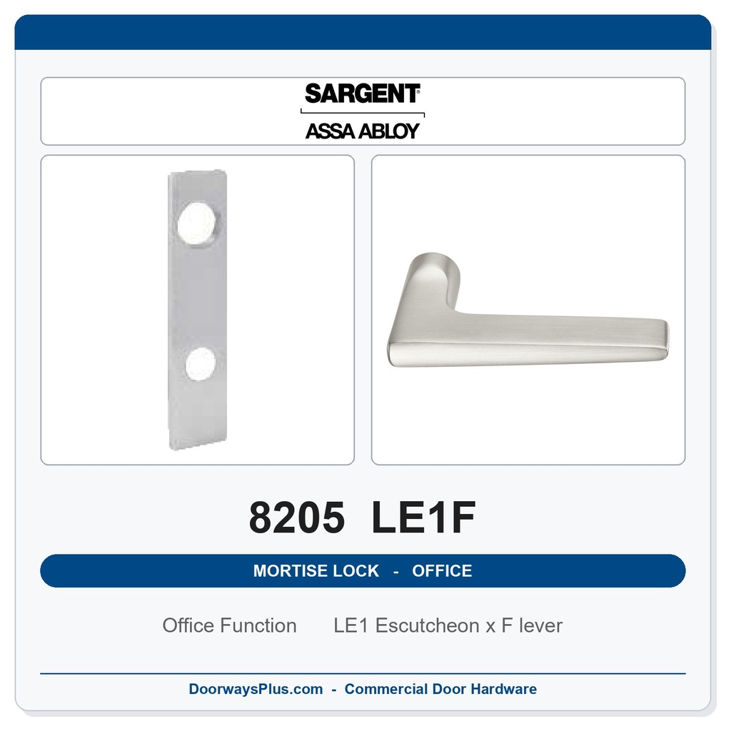Sargent 8205 LE1F Trim Office or Entry Mortise Lockset | LA Keyway, Grade 1 Commercial