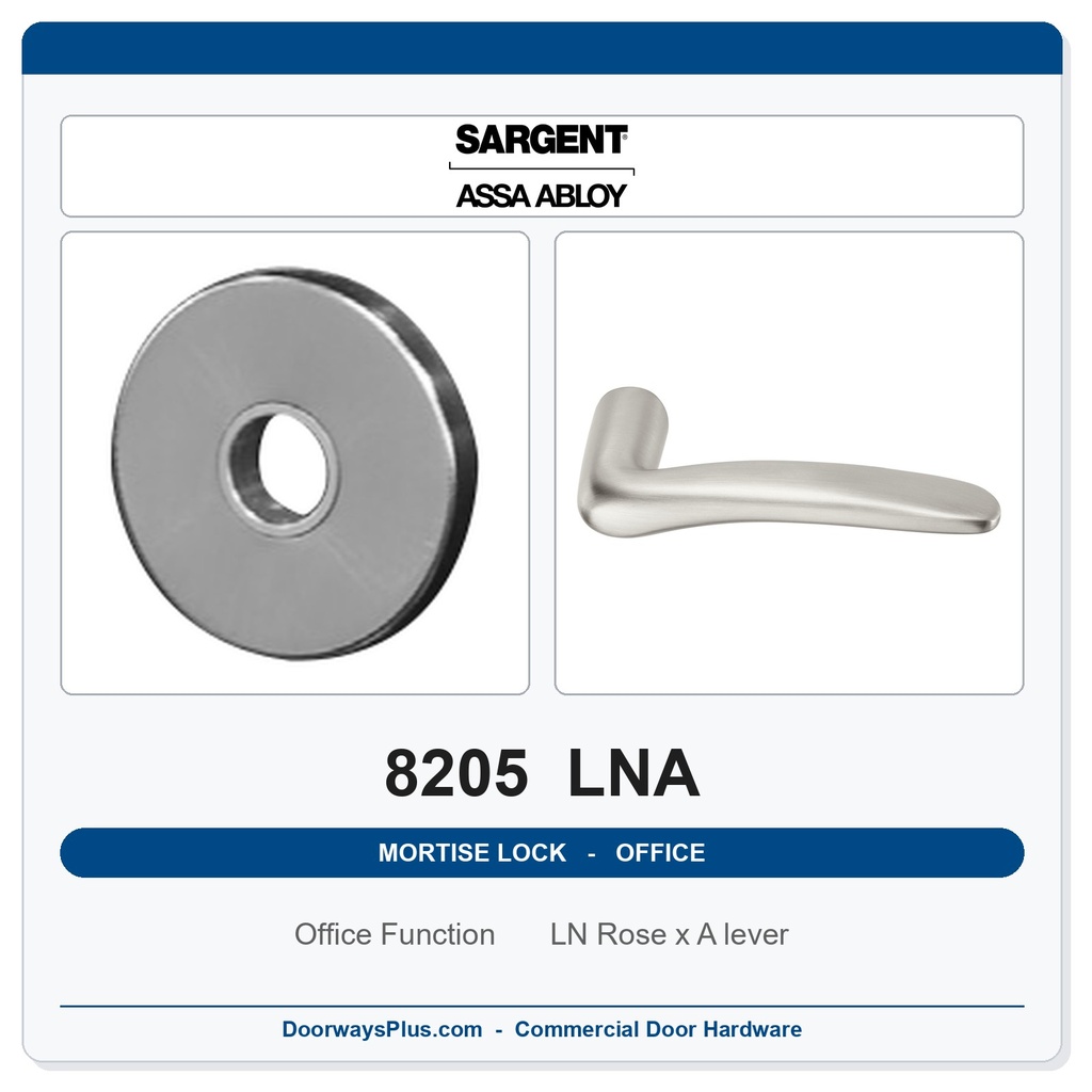 Sargent 8205 LNA Trim Office or Entry Mortise Lockset | LA Keyway, Grade 1 Commercial
