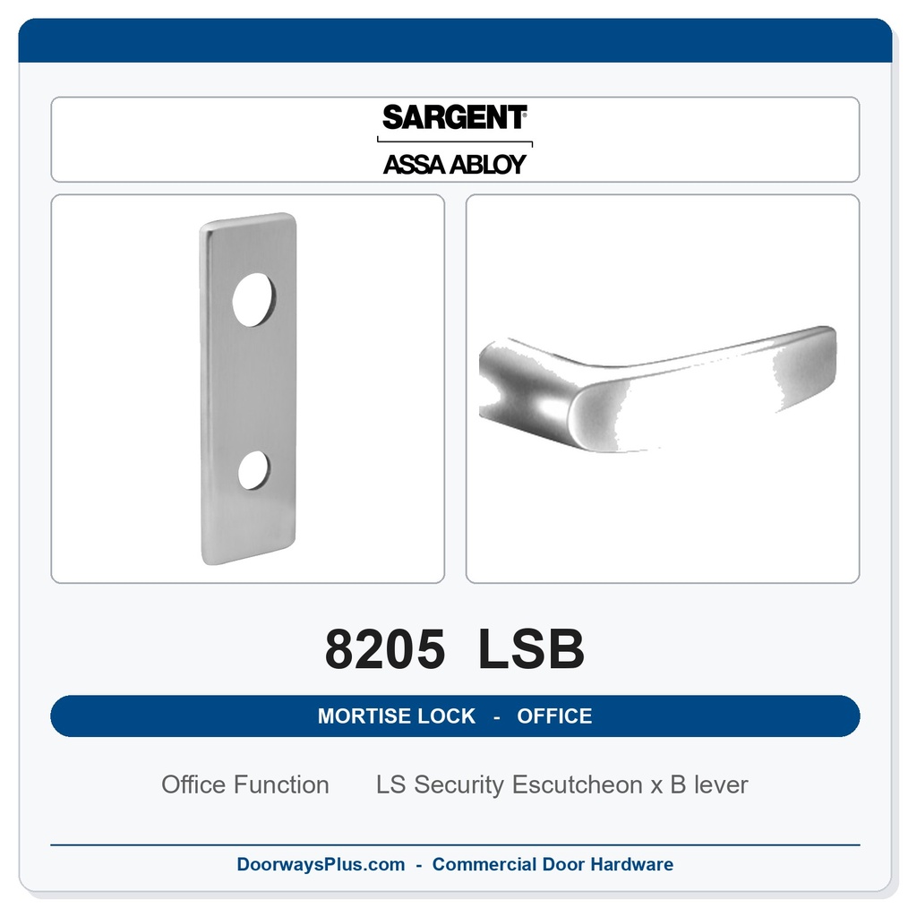 Sargent 8205 LSB Trim Office or Entry Mortise Lockset | LA Keyway, Grade 1 Commercial
