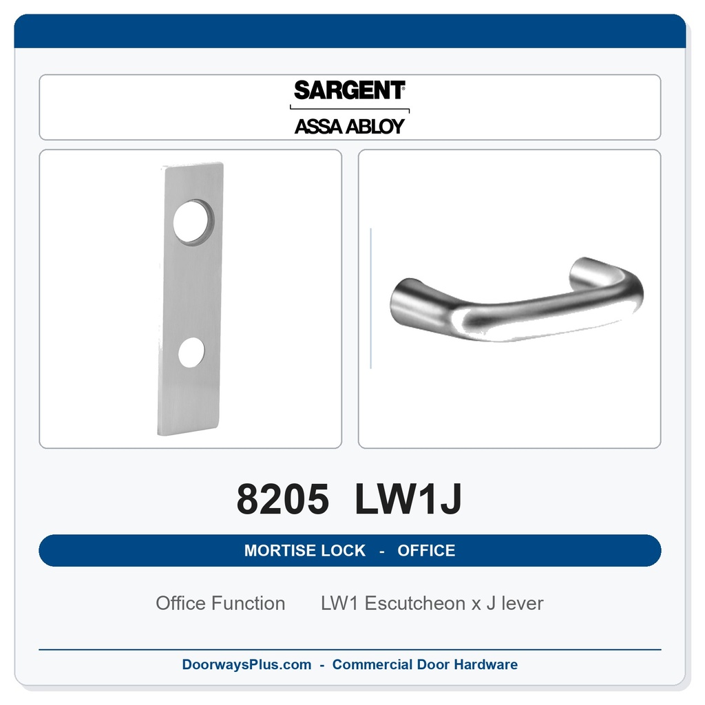 Sargent 8205 LW1J Trim Office or Entry Mortise Lockset | LA Keyway, Grade 1 Commercial