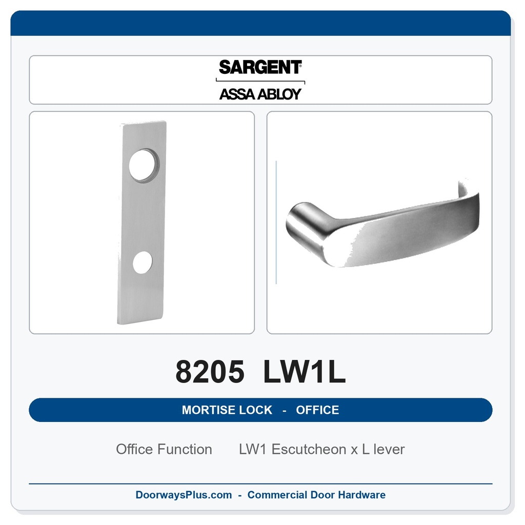 Sargent 8205 LW1L Trim Office or Entry Mortise Lockset | LA Keyway, Grade 1 Commercial