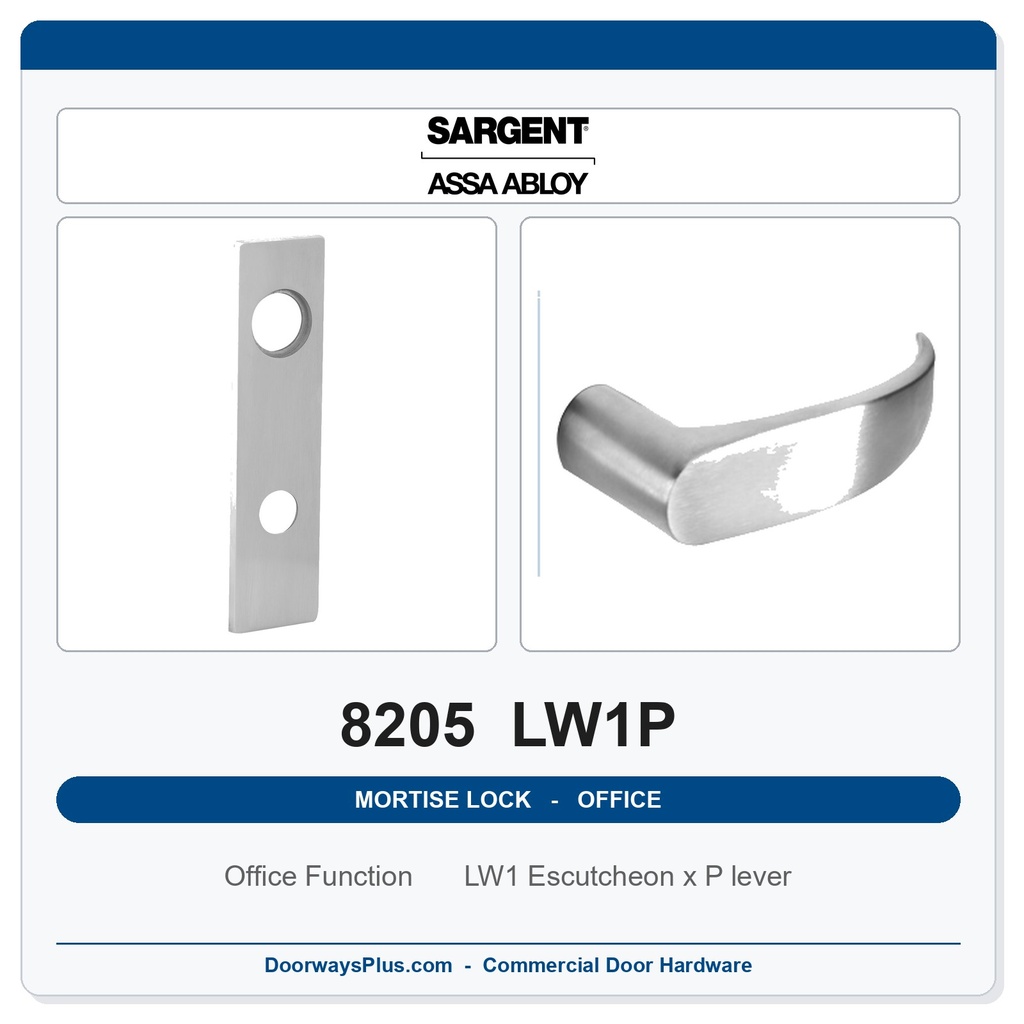 Sargent 8205 LW1P Trim Office or Entry Mortise Lockset | LA Keyway, Grade 1 Commercial
