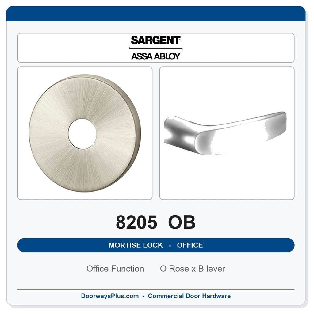 Sargent 8205 OB Trim Office or Entry Mortise Lockset | LA Keyway, Grade 1 Commercial