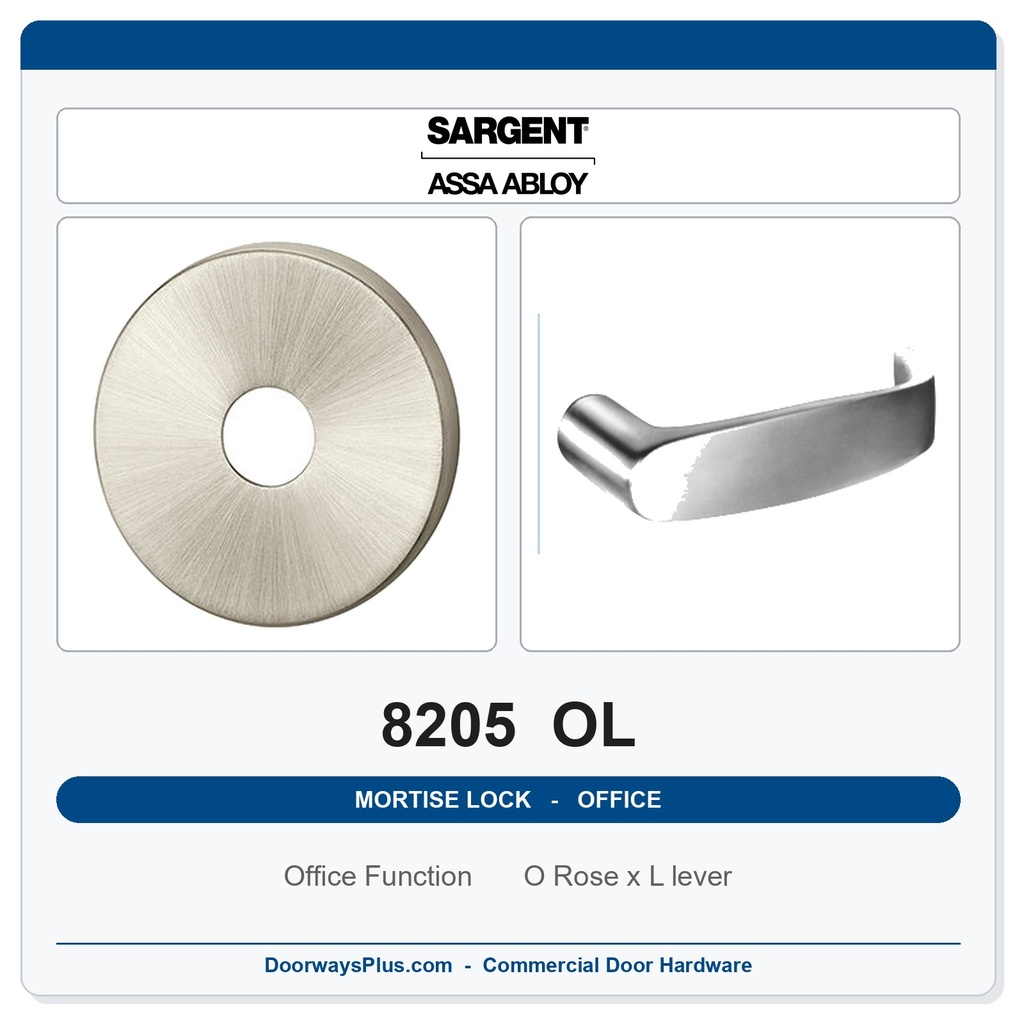 Sargent 8205 OL Trim Office or Entry Mortise Lockset | LA Keyway, Grade 1 Commercial