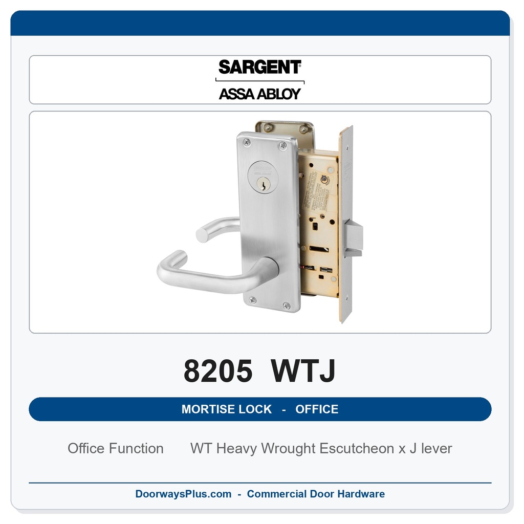 Sargent 8205 WTJ Trim Office or Entry Mortise Lockset | LA Keyway, Grade 1 Commercial