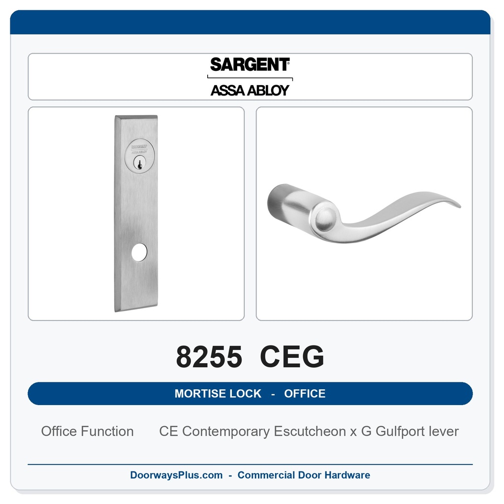Sargent 8255 CEG Trim Office or Entry Mortise Lockset | LA Keyway, Grade 1 Commercial