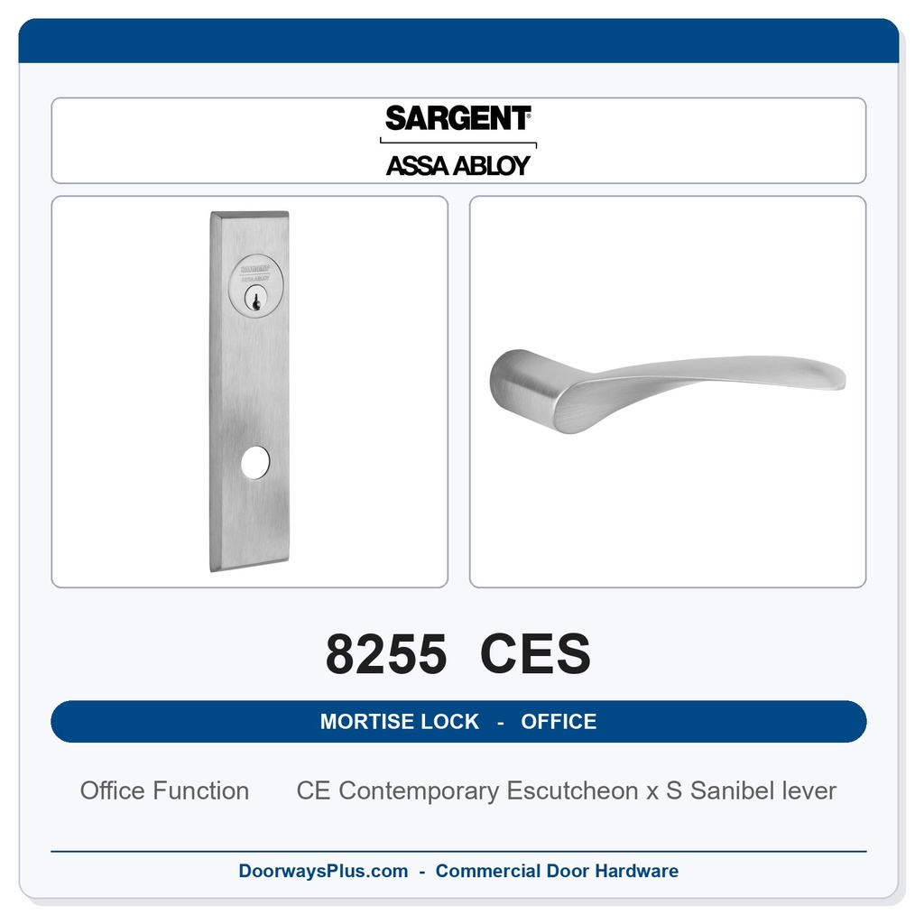 Sargent 8255 CES Trim Office or Entry Mortise Lockset | LA Keyway, Grade 1 Commercial