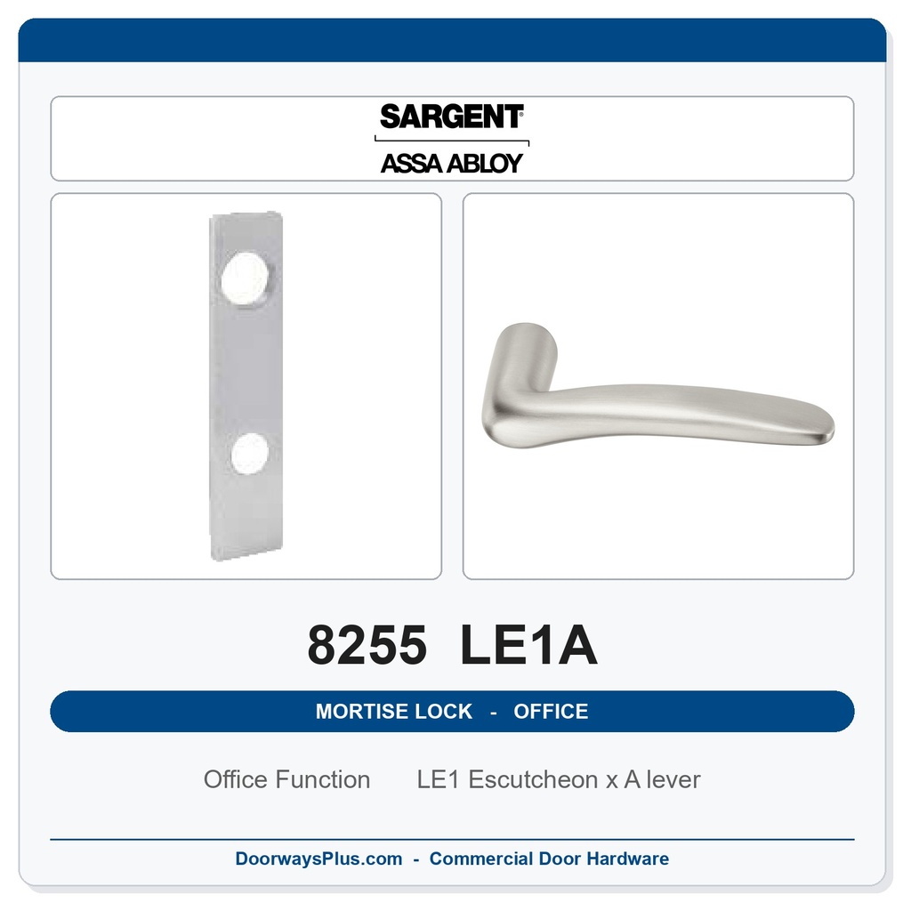 Sargent 8255 LE1A Trim Office or Entry Mortise Lockset | LA Keyway, Grade 1 Commercial