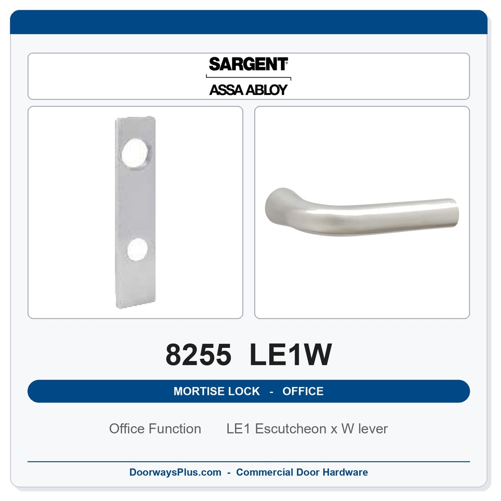 Sargent 8255 LE1W Trim Office or Entry Mortise Lockset | LA Keyway, Grade 1 Commercial
