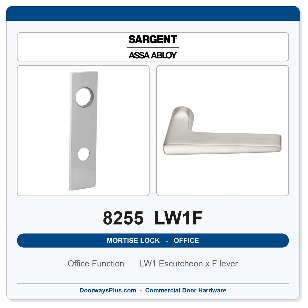 Sargent 8255 LW1F Trim Office or Entry Mortise Lockset | LA Keyway, Grade 1 Commercial