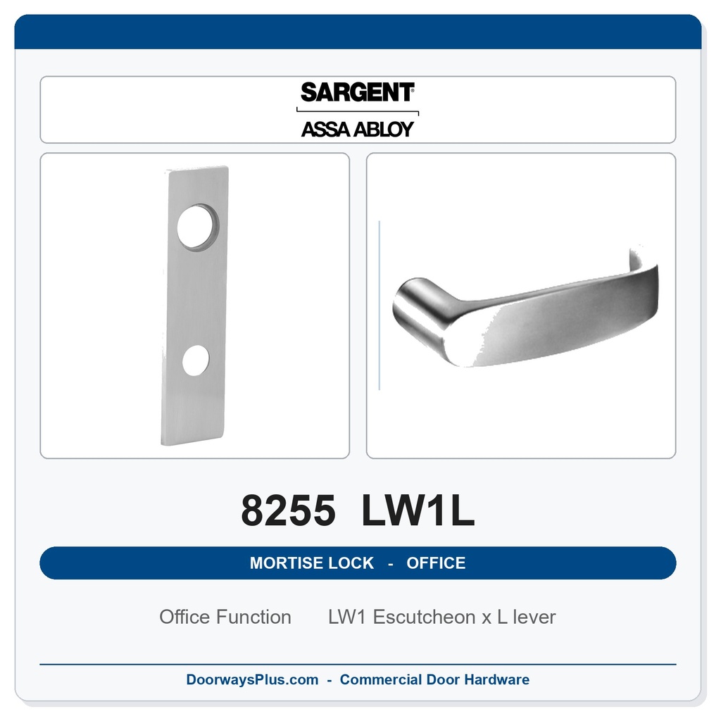 Sargent 8255 LW1L Trim Office or Entry Mortise Lockset | LA Keyway, Grade 1 Commercial