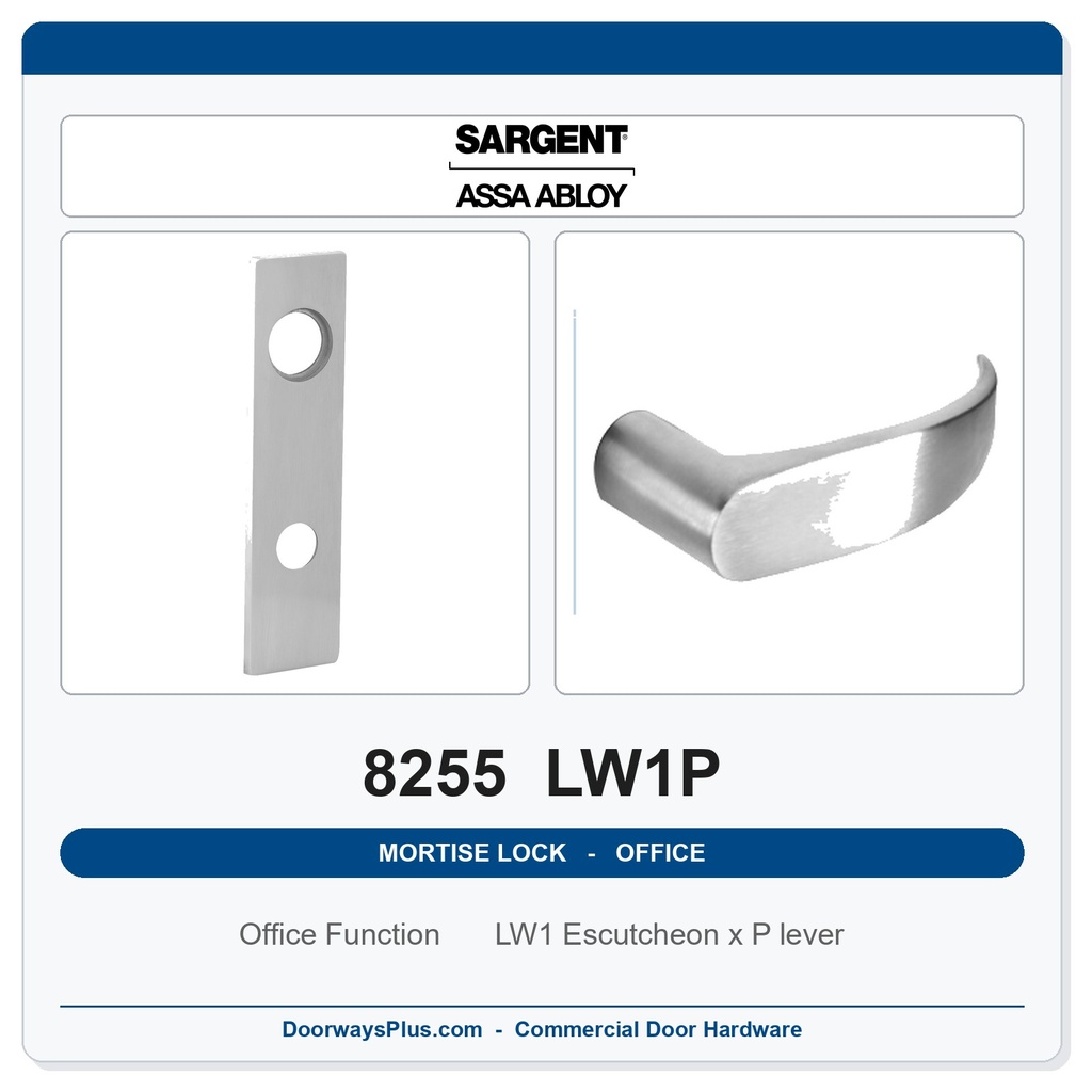 Sargent 8255 LW1P Trim Office or Entry Mortise Lockset | LA Keyway, Grade 1 Commercial