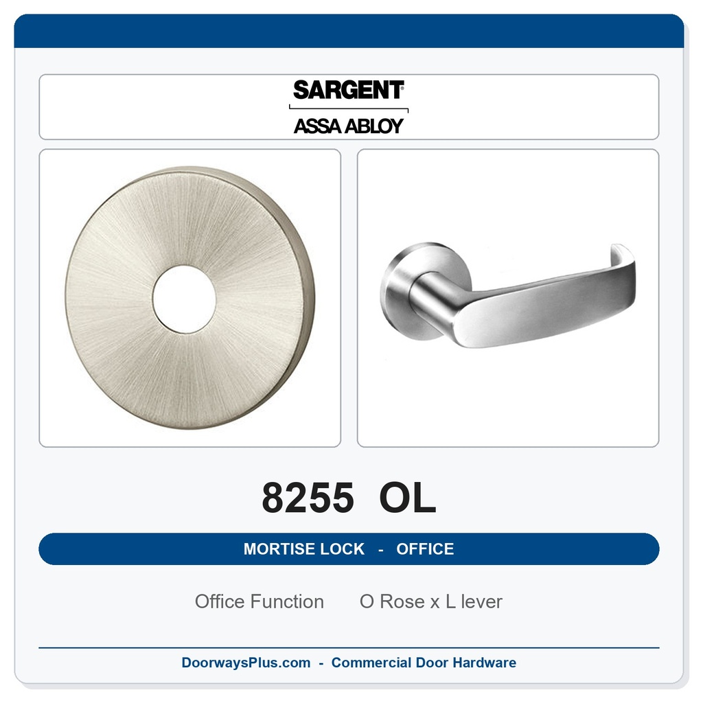 Sargent 8255 OL Trim Office or Entry Mortise Lockset | LA Keyway, Grade 1 Commercial