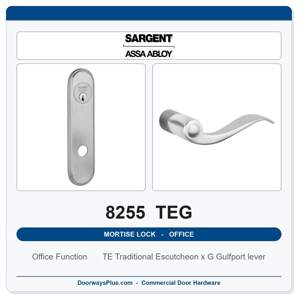 Sargent 8255 TEG Trim Office or Entry Mortise Lockset | LA Keyway, Grade 1 Commercial