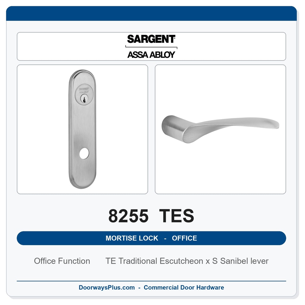 Sargent 8255 TES Trim Office or Entry Mortise Lockset | LA Keyway, Grade 1 Commercial