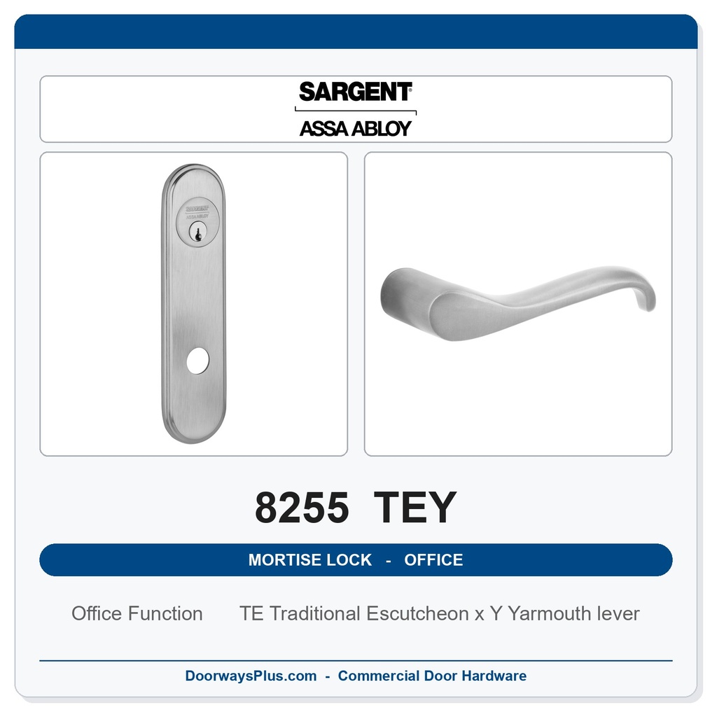 Sargent 8255 TEY Trim Office or Entry Mortise Lockset | LA Keyway, Grade 1 Commercial