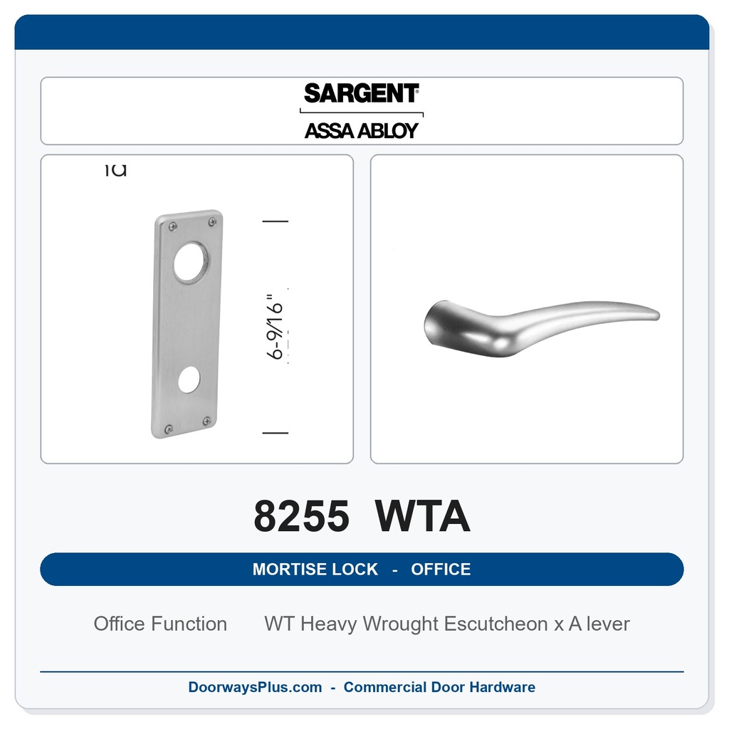 Sargent 8255 WTA Trim Office or Entry Mortise Lockset | LA Keyway, Grade 1 Commercial