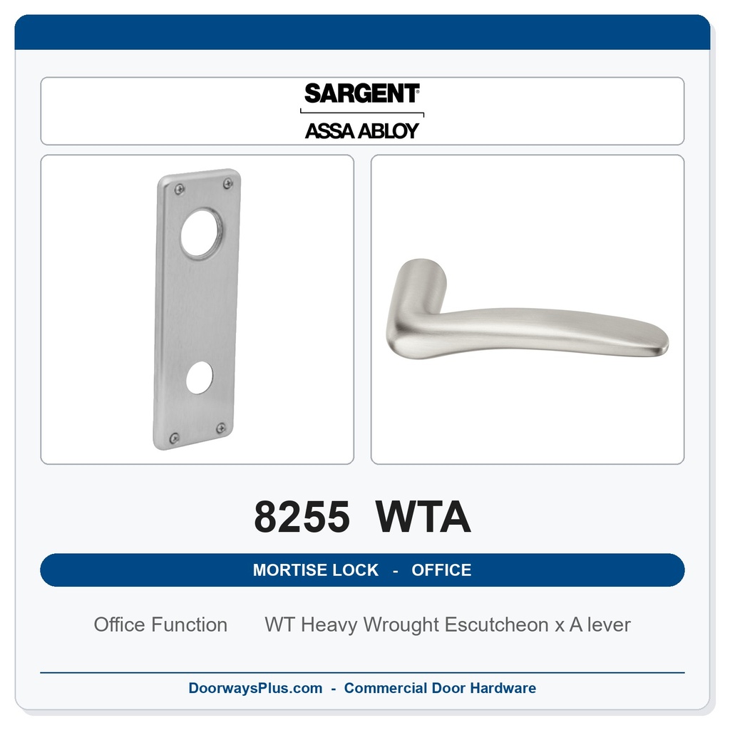 Sargent 8255 WTA Trim Office or Entry Mortise Lockset | LA Keyway, Grade 1 Commercial