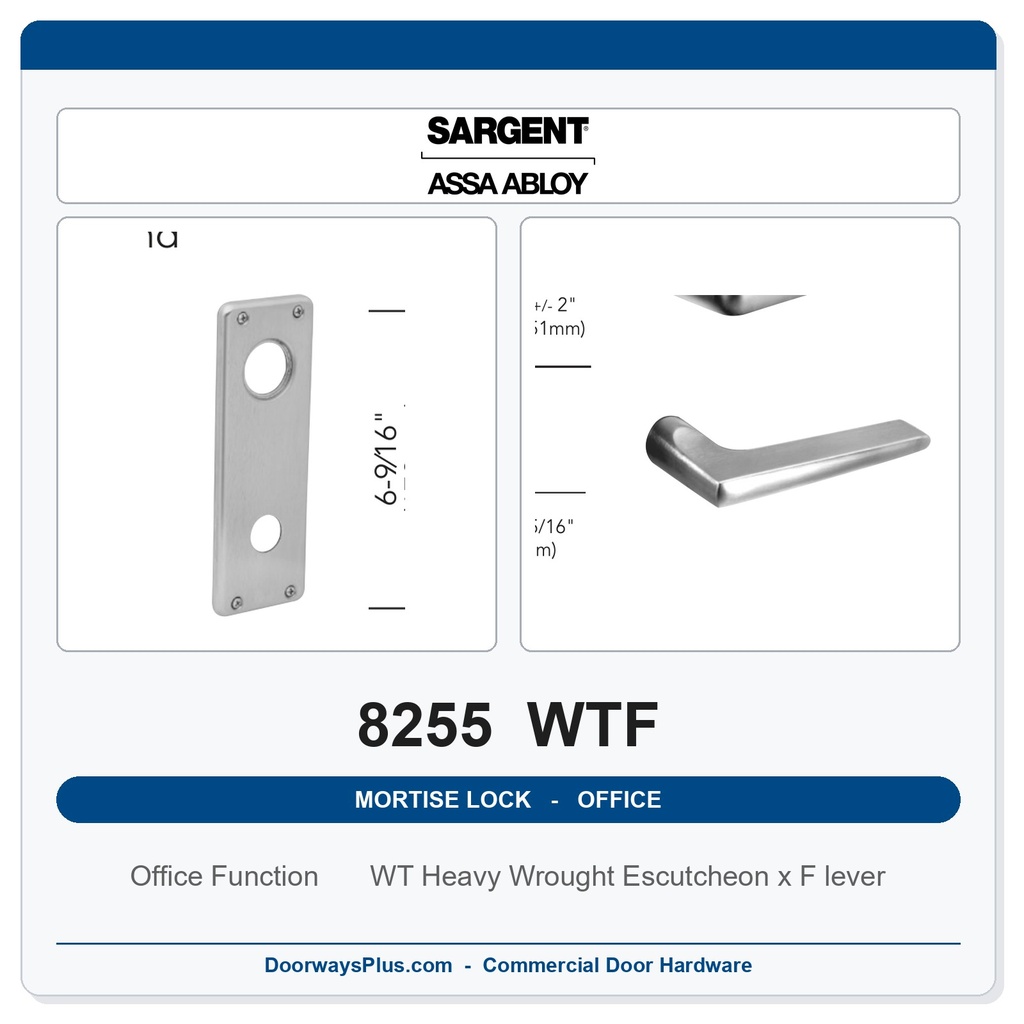 Sargent 8255 WTF Trim Office or Entry Mortise Lockset | LA Keyway, Grade 1 Commercial