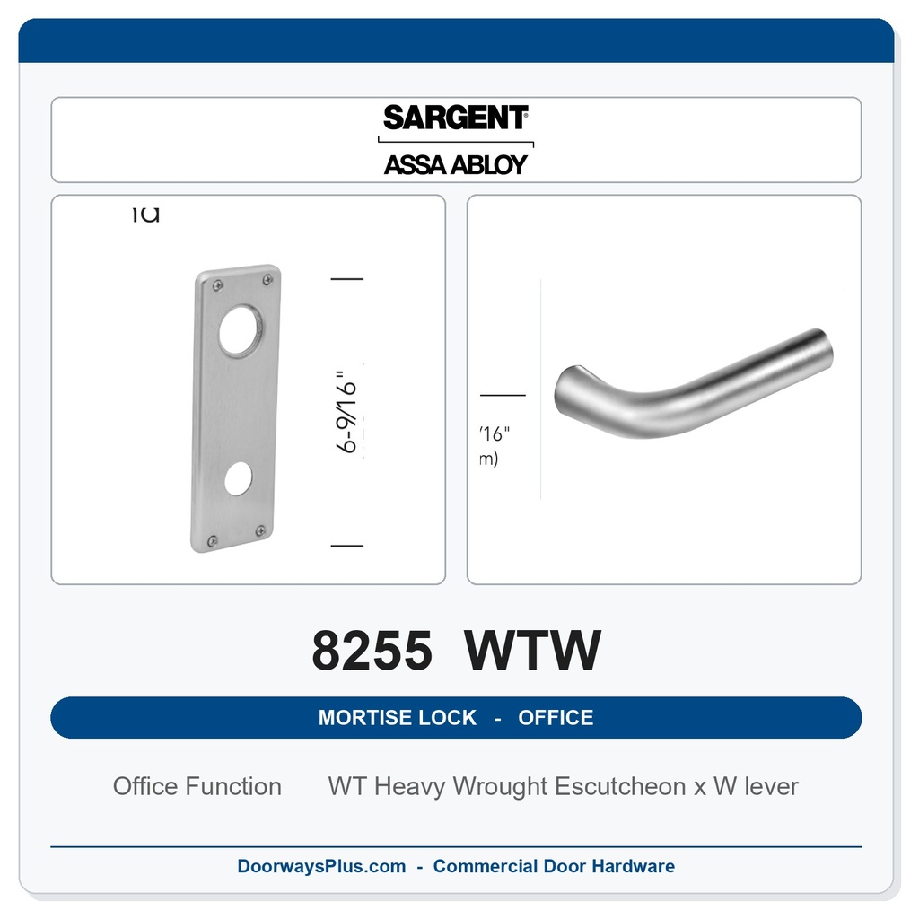 Sargent 8255 WTW Trim Office or Entry Mortise Lockset | LA Keyway, Grade 1 Commercial