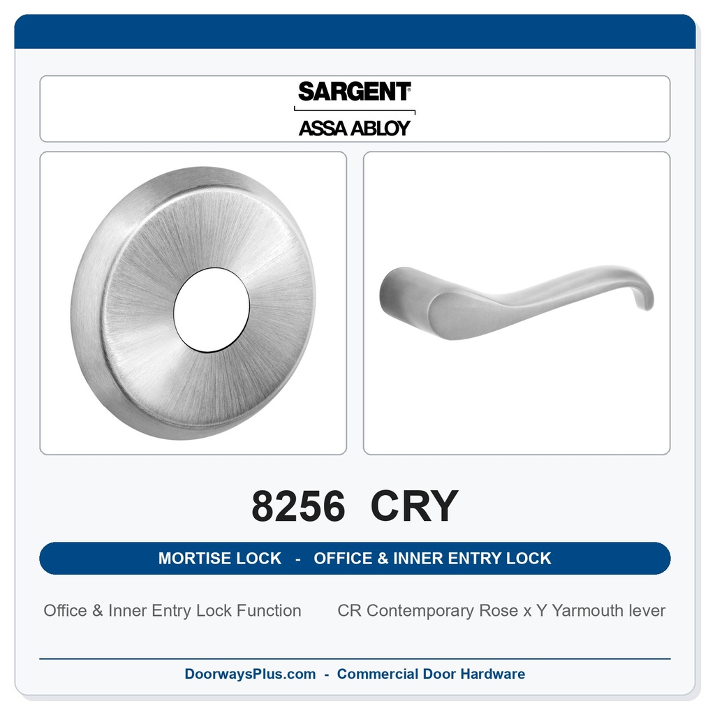Sargent 8256 CRY Trim Office & Inner Entry Lock Mortise Lockset | LA Keyway, Grade 1 Commercial