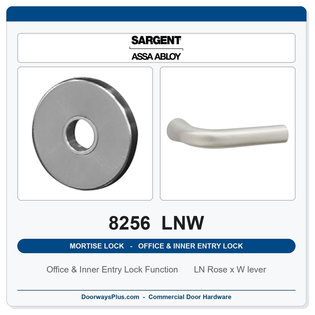 Sargent 8256 LNW Trim Office & Inner Entry Lock Mortise Lockset | LA Keyway, Grade 1 Commercial