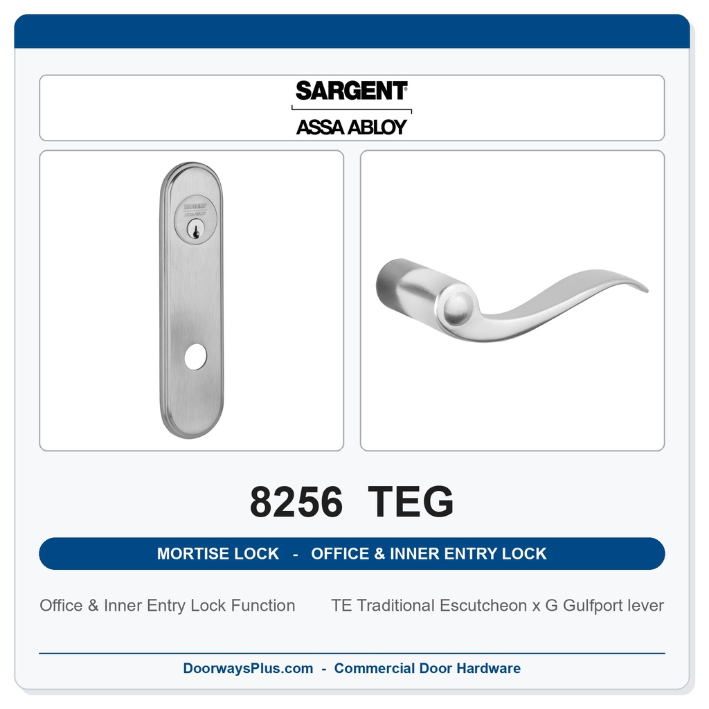 Sargent 8256 TEG Trim Office & Inner Entry Lock Mortise Lockset | LA Keyway, Grade 1 Commercial
