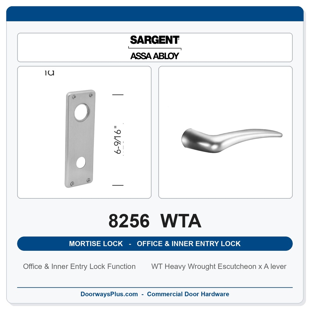 Sargent 8256 WTA Trim Office & Inner Entry Lock Mortise Lockset | LA Keyway, Grade 1 Commercial