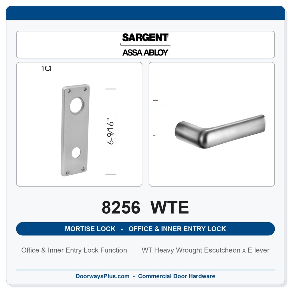 Sargent 8256 WTE Trim Office & Inner Entry Lock Mortise Lockset | LA Keyway, Grade 1 Commercial