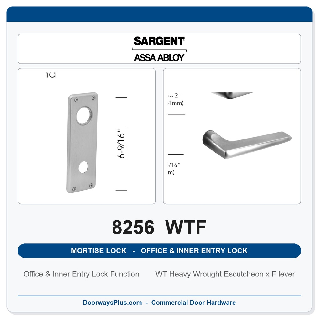 Sargent 8256 WTF Trim Office & Inner Entry Lock Mortise Lockset | LA Keyway, Grade 1 Commercial