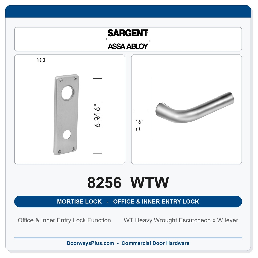 Sargent 8256 WTW Trim Office & Inner Entry Lock Mortise Lockset | LA Keyway, Grade 1 Commercial