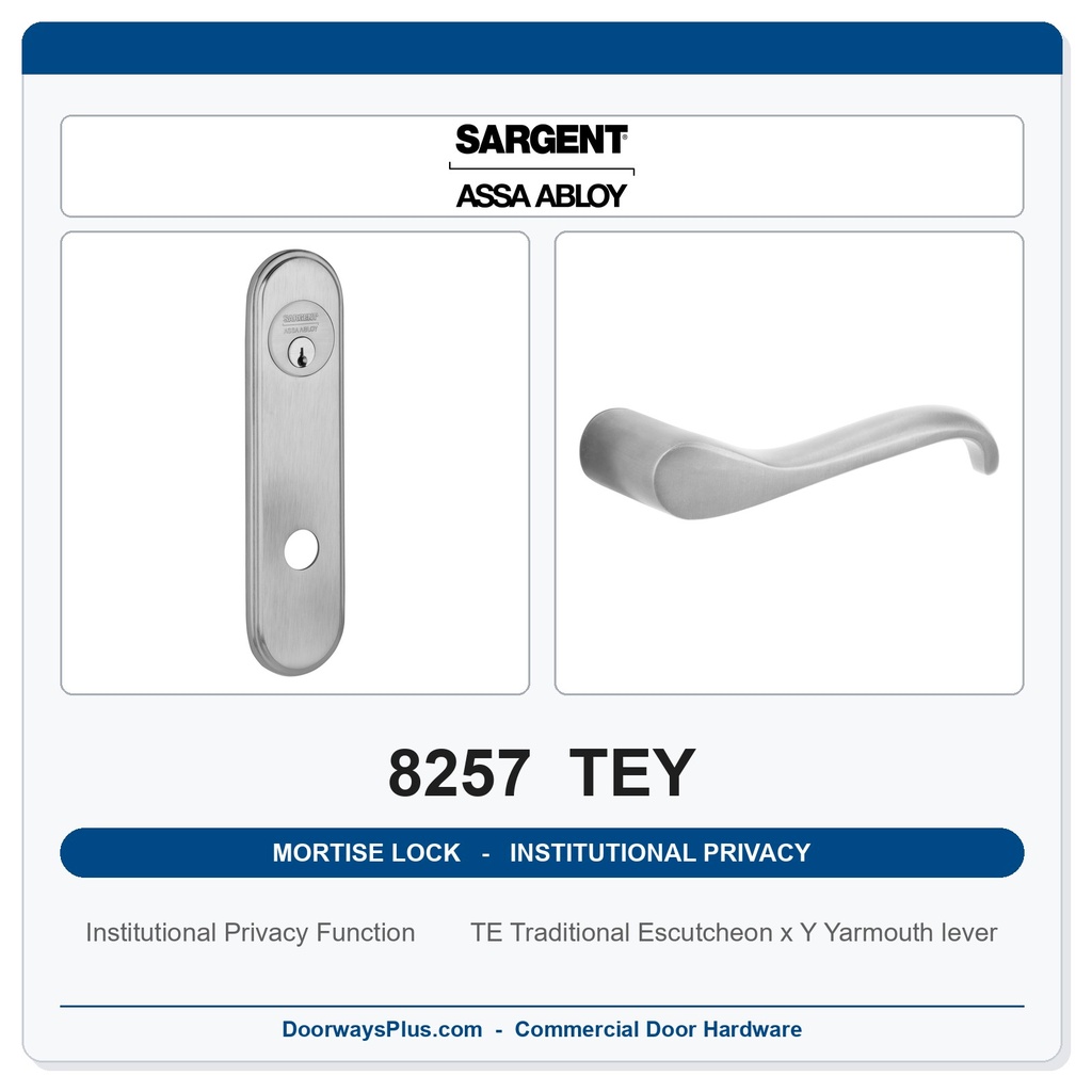Sargent 8257 TEY Trim Institutional Privacy Mortise Lockset | LA Keyway, Grade 1 Commercial