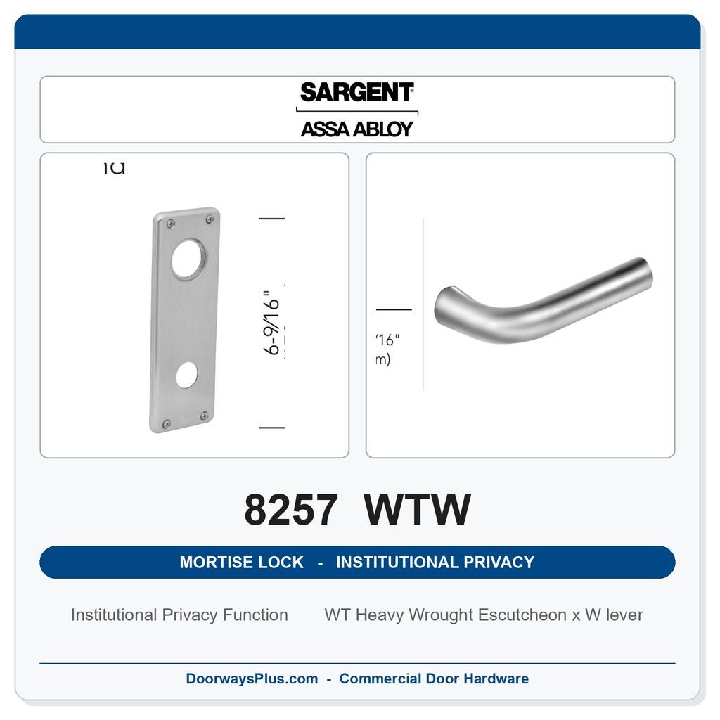 Sargent 8257 WTW Trim Institutional Privacy Mortise Lockset | LA Keyway, Grade 1 Commercial