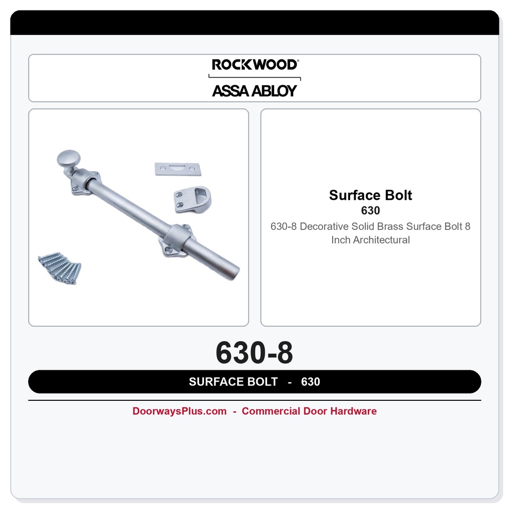 Rockwood 630-8 Decorative Solid Brass Surface Bolt 8 Inch | Architectural