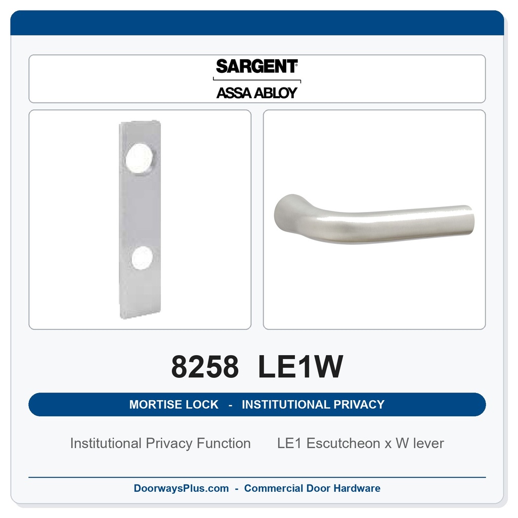 Sargent 8258 LE1W Trim Institutional Privacy Mortise Lockset | LA Keyway, Grade 1 Commercial