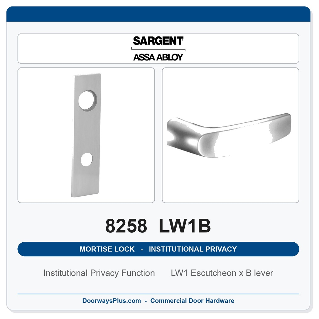 Sargent 8258 LW1B Trim Institutional Privacy Mortise Lockset | LA Keyway, Grade 1 Commercial