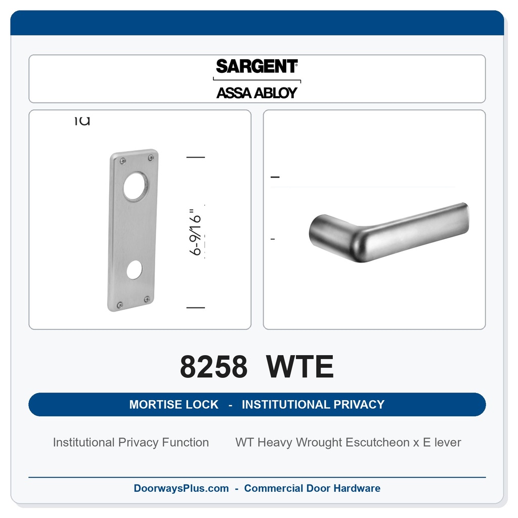 Sargent 8258 WTE Trim Institutional Privacy Mortise Lockset | LA Keyway, Grade 1 Commercial