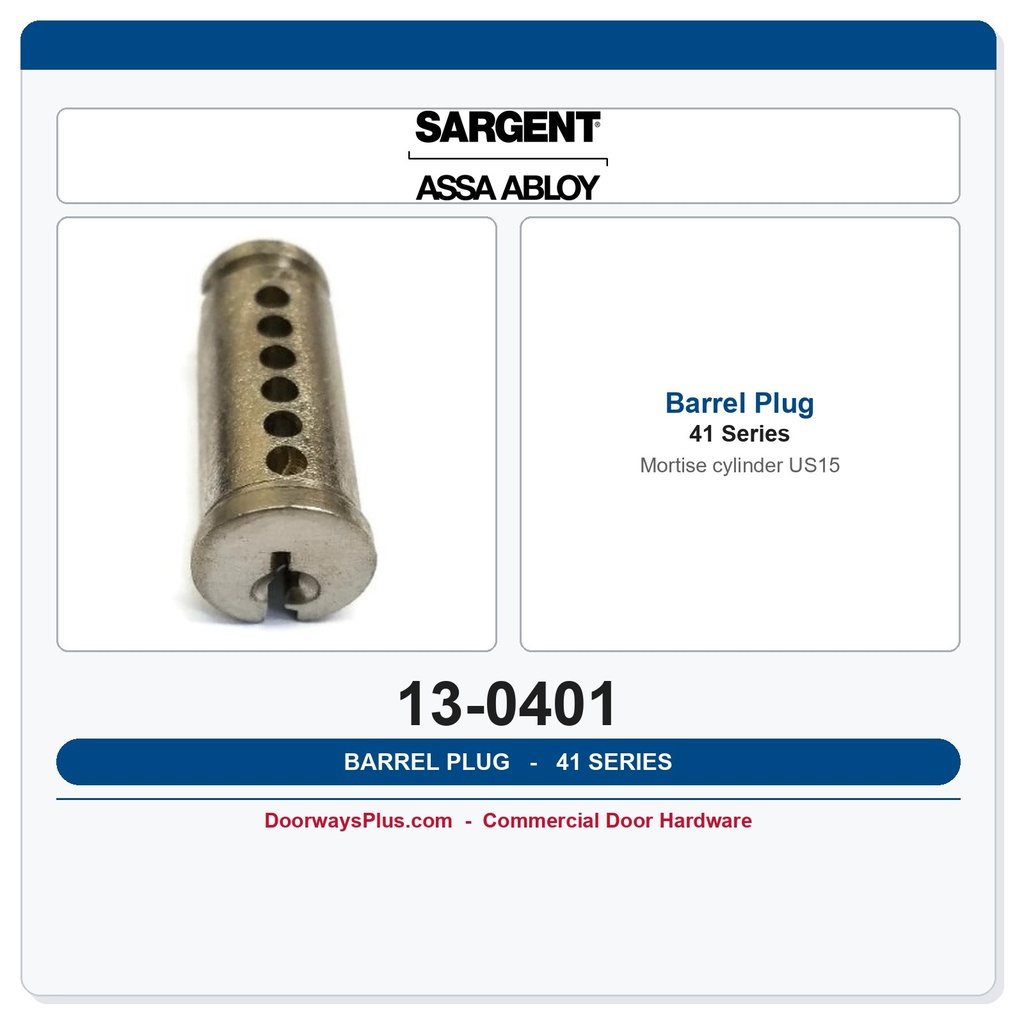 Sargent 13-0401 No. 41 Mortise Cylinder Barrel Plug | US15 Satin Nickel