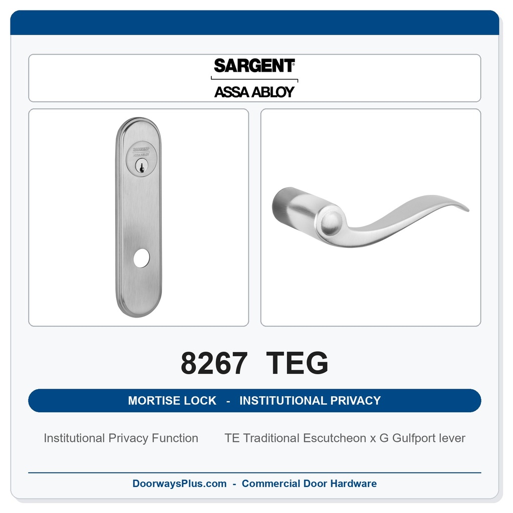 Sargent 8267 TEG Trim Institutional Privacy Mortise Lockset | LA Keyway, Grade 1 Commercial