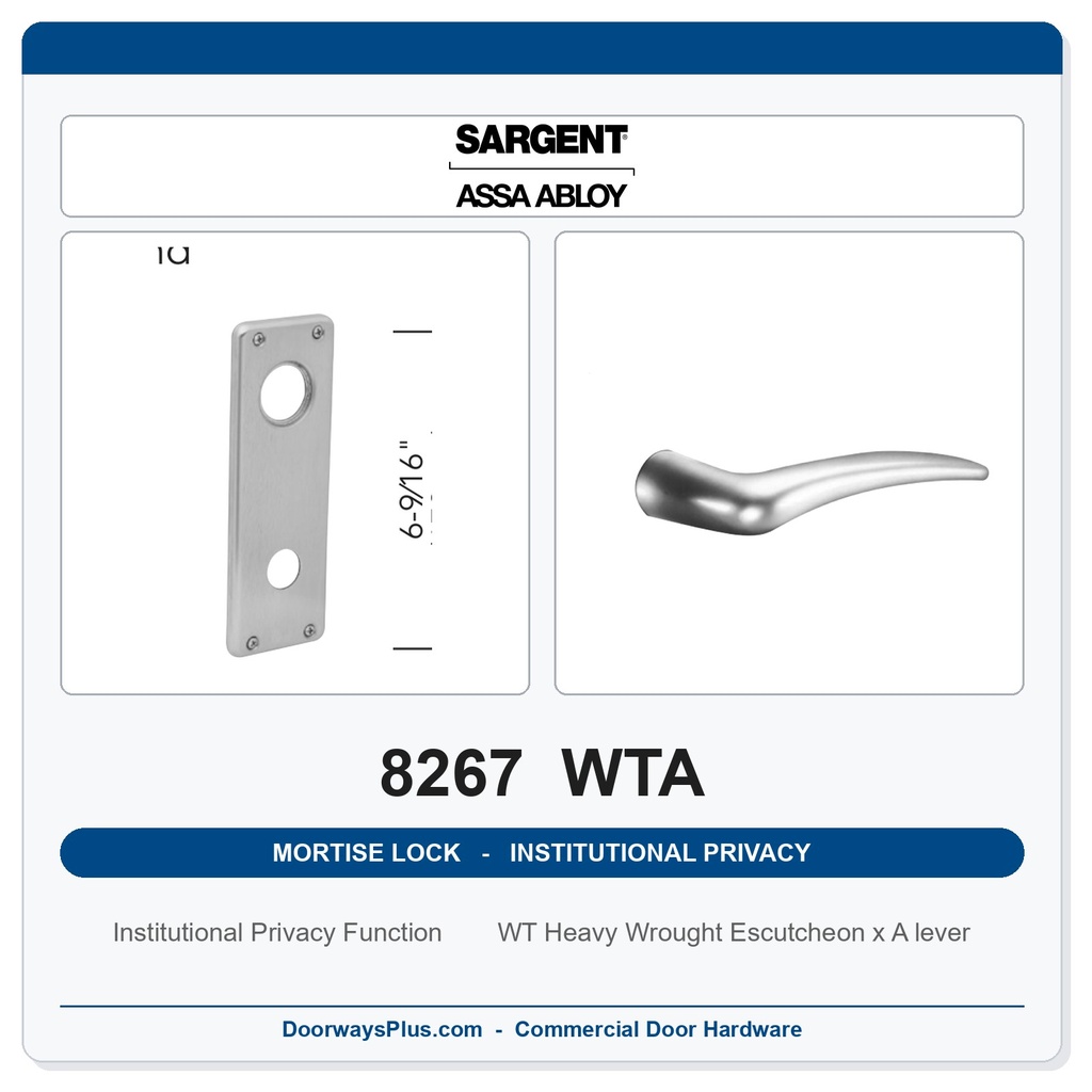 Sargent 8267 WTA Trim Institutional Privacy Mortise Lockset | LA Keyway, Grade 1 Commercial