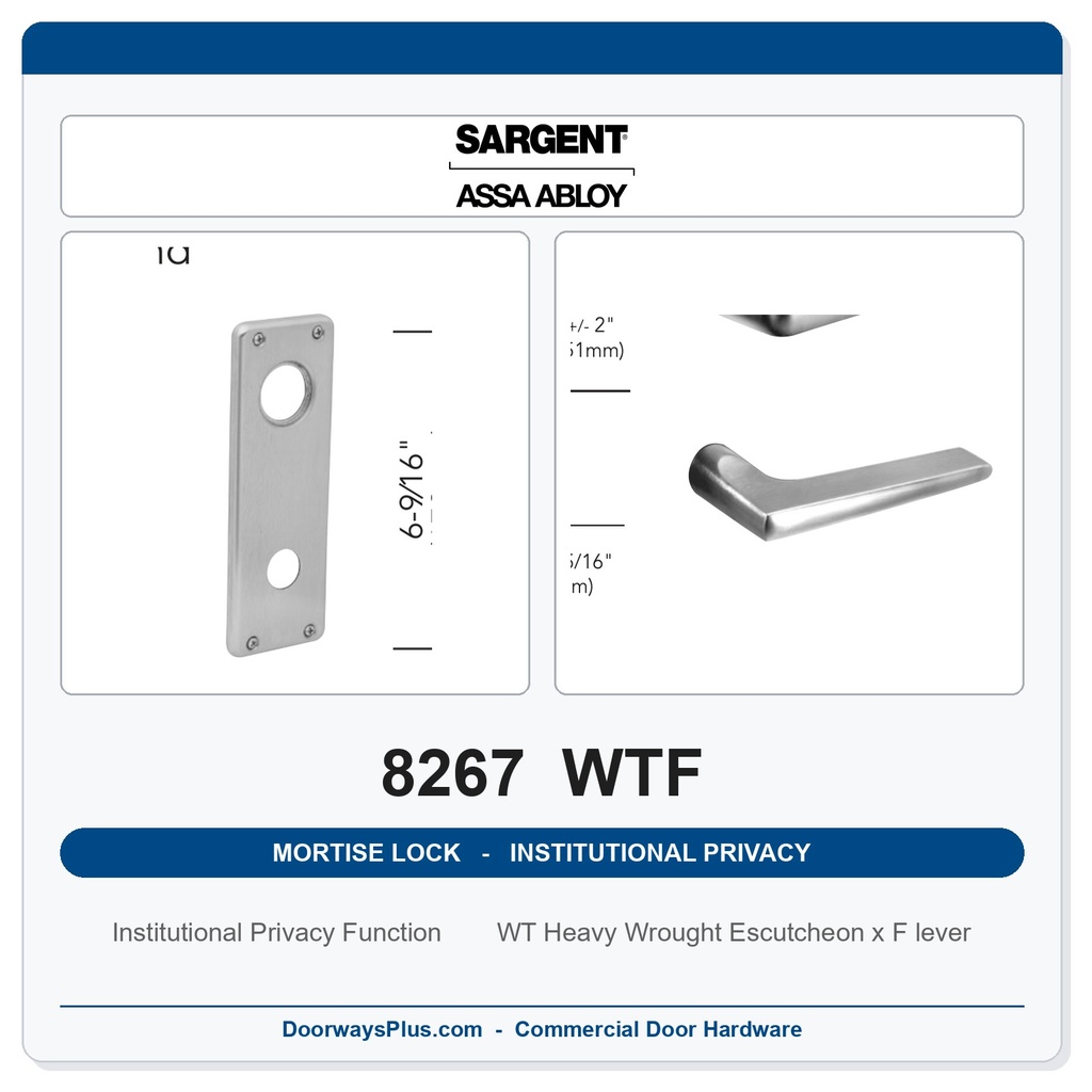 Sargent 8267 WTF Trim Institutional Privacy Mortise Lockset | LA Keyway, Grade 1 Commercial