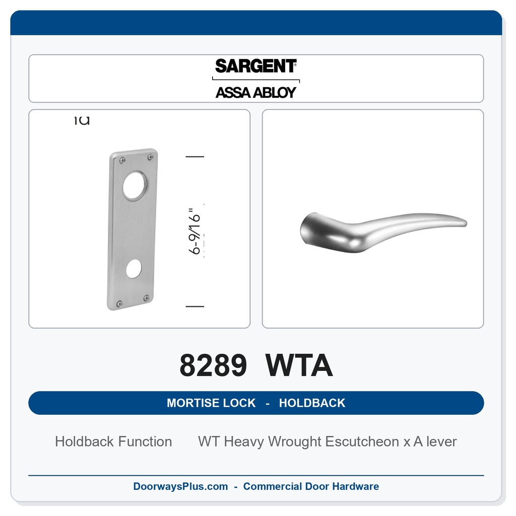 Sargent 8289 WTA Trim Holdback Mortise Lockset | LA Keyway, Grade 1 Commercial