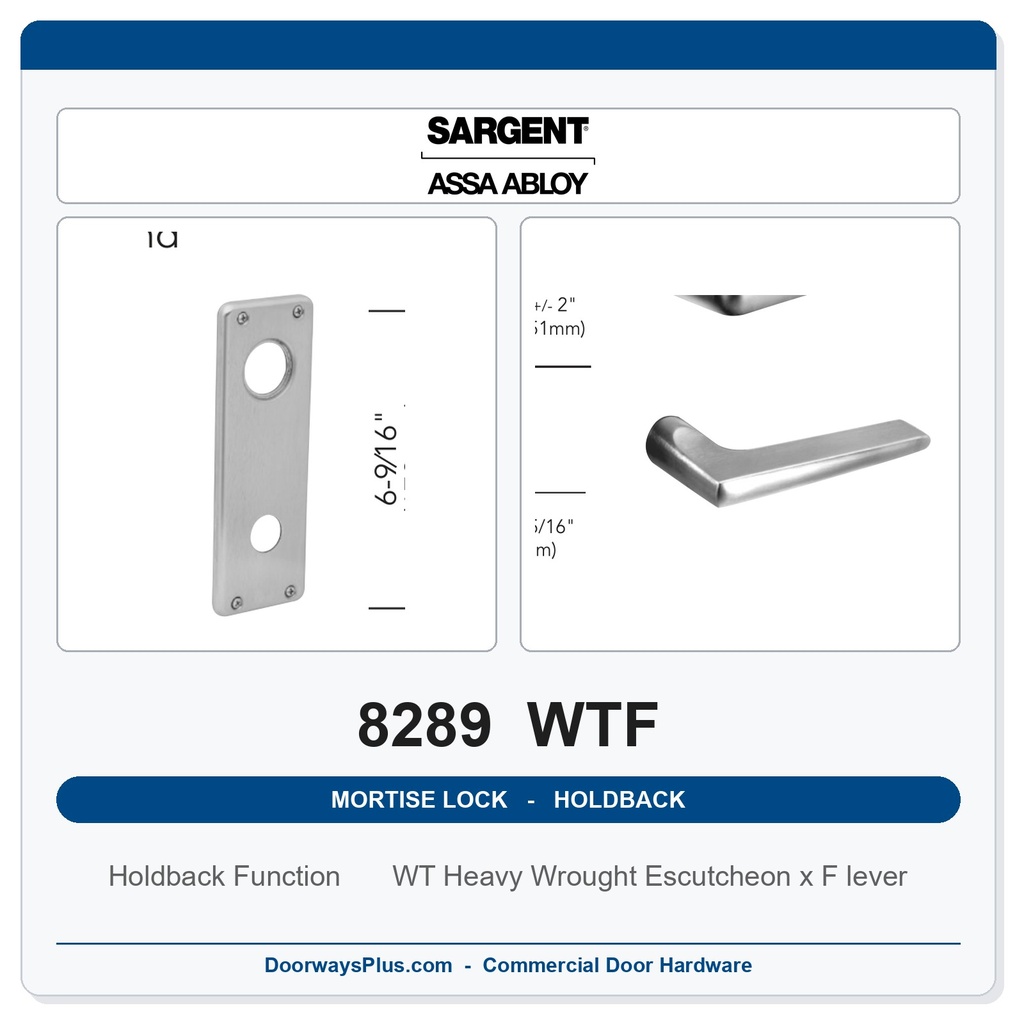 Sargent 8289 WTF Trim Holdback Mortise Lockset | LA Keyway, Grade 1 Commercial