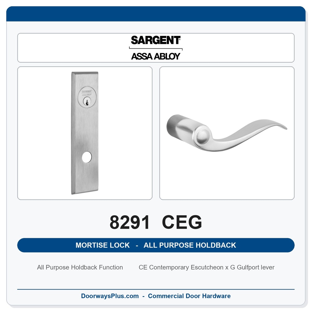 Sargent 8291 CEG Trim All Purpose Holdback Mortise Lockset | LA Keyway, Grade 1 Commercial