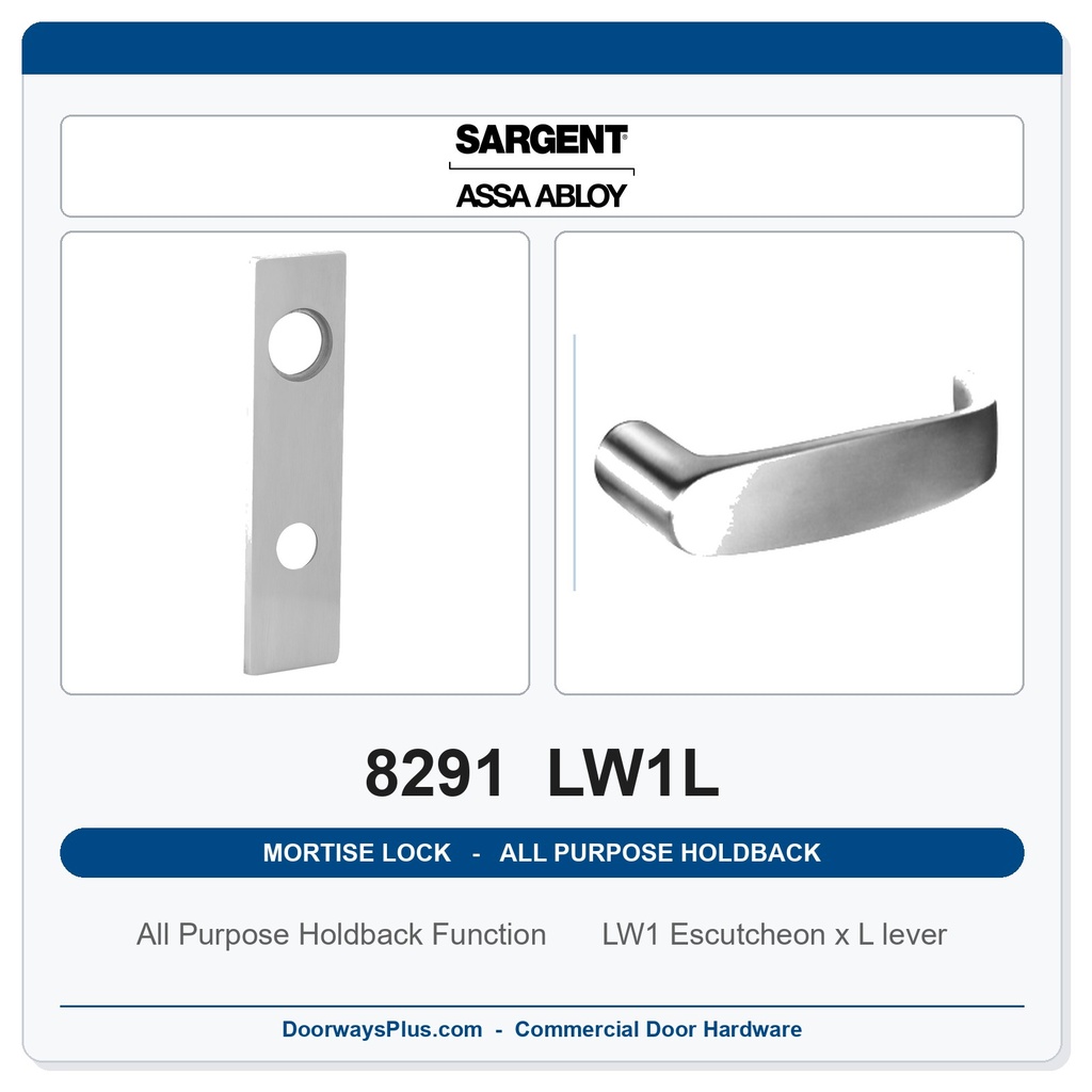 Sargent 8291 LW1L Trim All Purpose Holdback Mortise Lockset | LA Keyway, Grade 1 Commercial